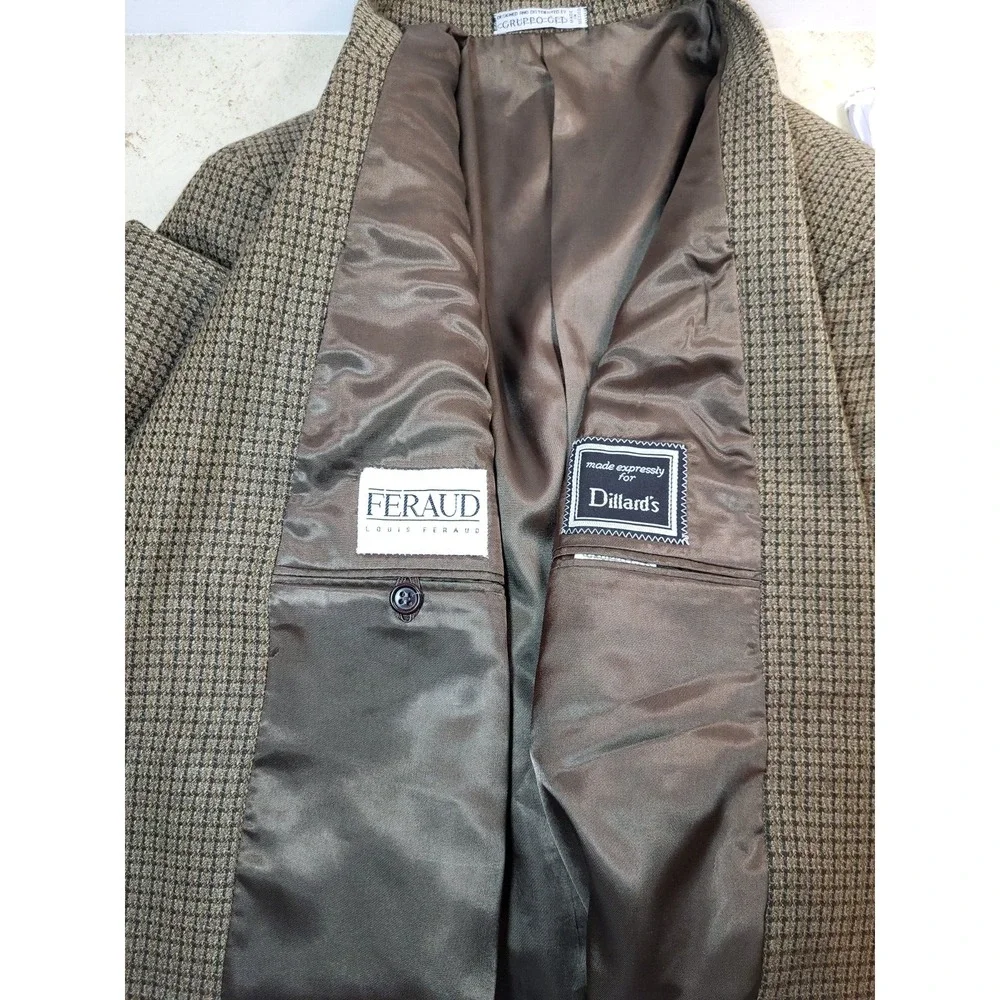 Louis Feraud‎ Olive Brown Wool Plaid Blazer 2 Front Button Lined Size 43R